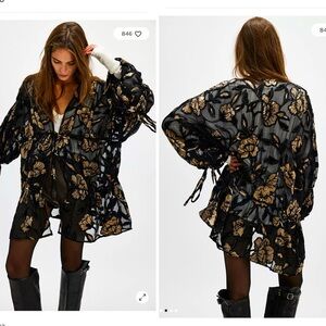 Free People Black and Gold Floral Top